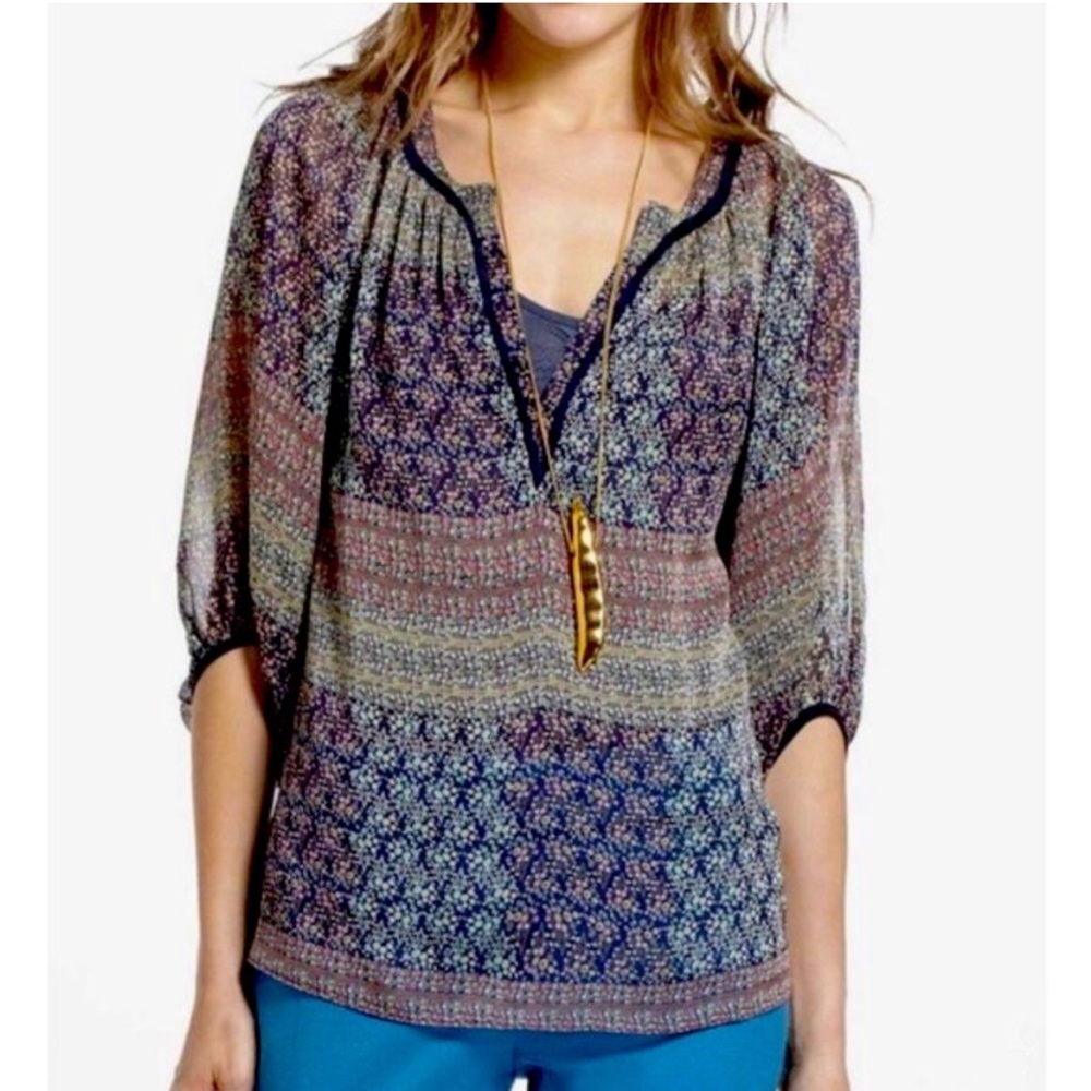 Anthropologie Maeve Boho Sheer Peasant V Neck Blouse Top Floral Graphic Dot